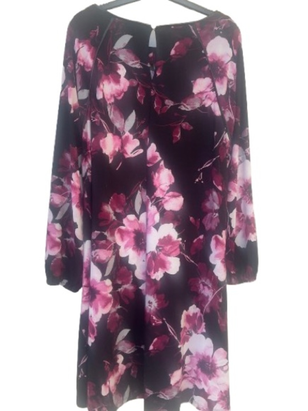 Anne Klein Floral Babydoll Shift Dress Faux Leather Trim Long Sleeve Size 12